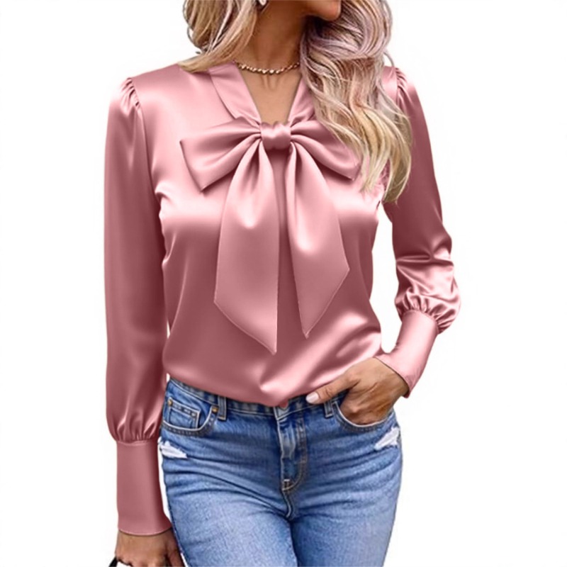 Women Solid Satin Blouse Bow T - Satin Bow Tie 评论和价格