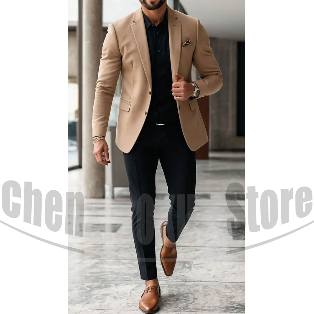 Mens Khaki Blazer Black Pants  - Khaki Formal Wear Men 评论和价格
