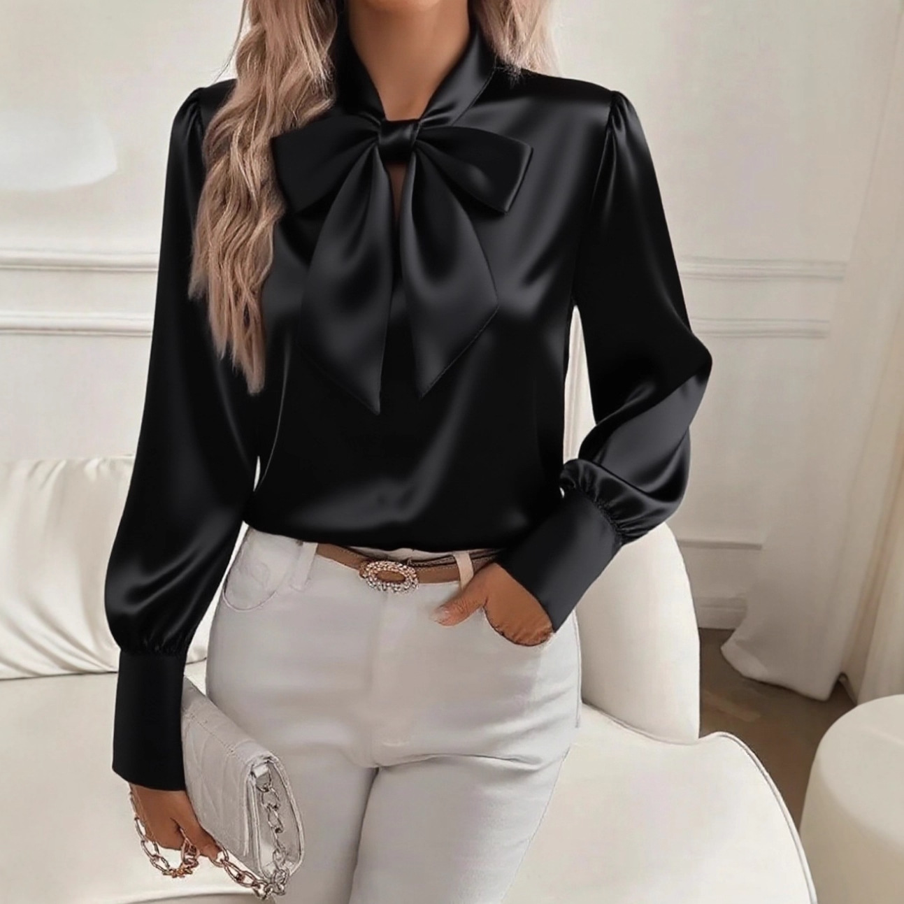 Bow Tie Neck Satin Blouse Puff - Satin Bow Tie 评论和价格