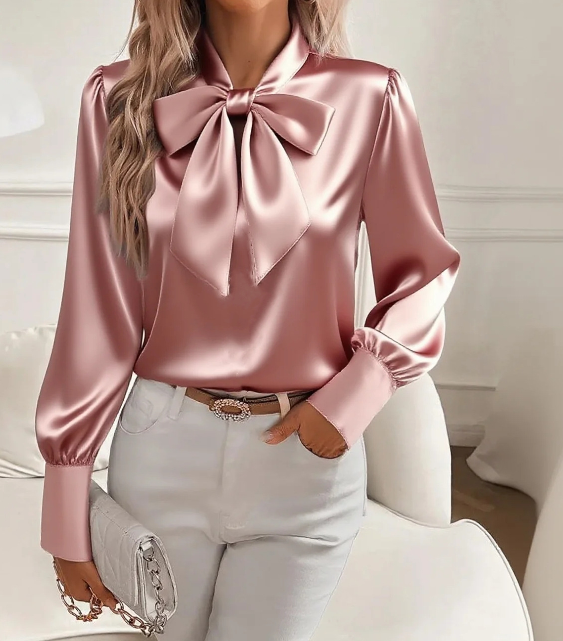 Bow Tie Neck Satin Blouse Puff - Satin Bow Tie 评论和价格
