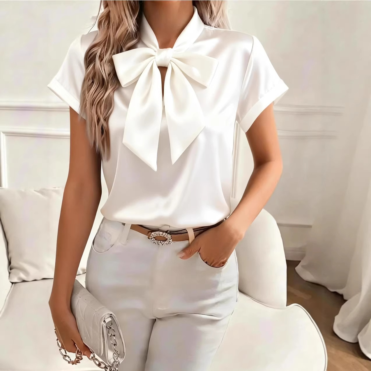 Women Satin Bow Tie Neck Blous - Satin Bow Tie 评论和价格