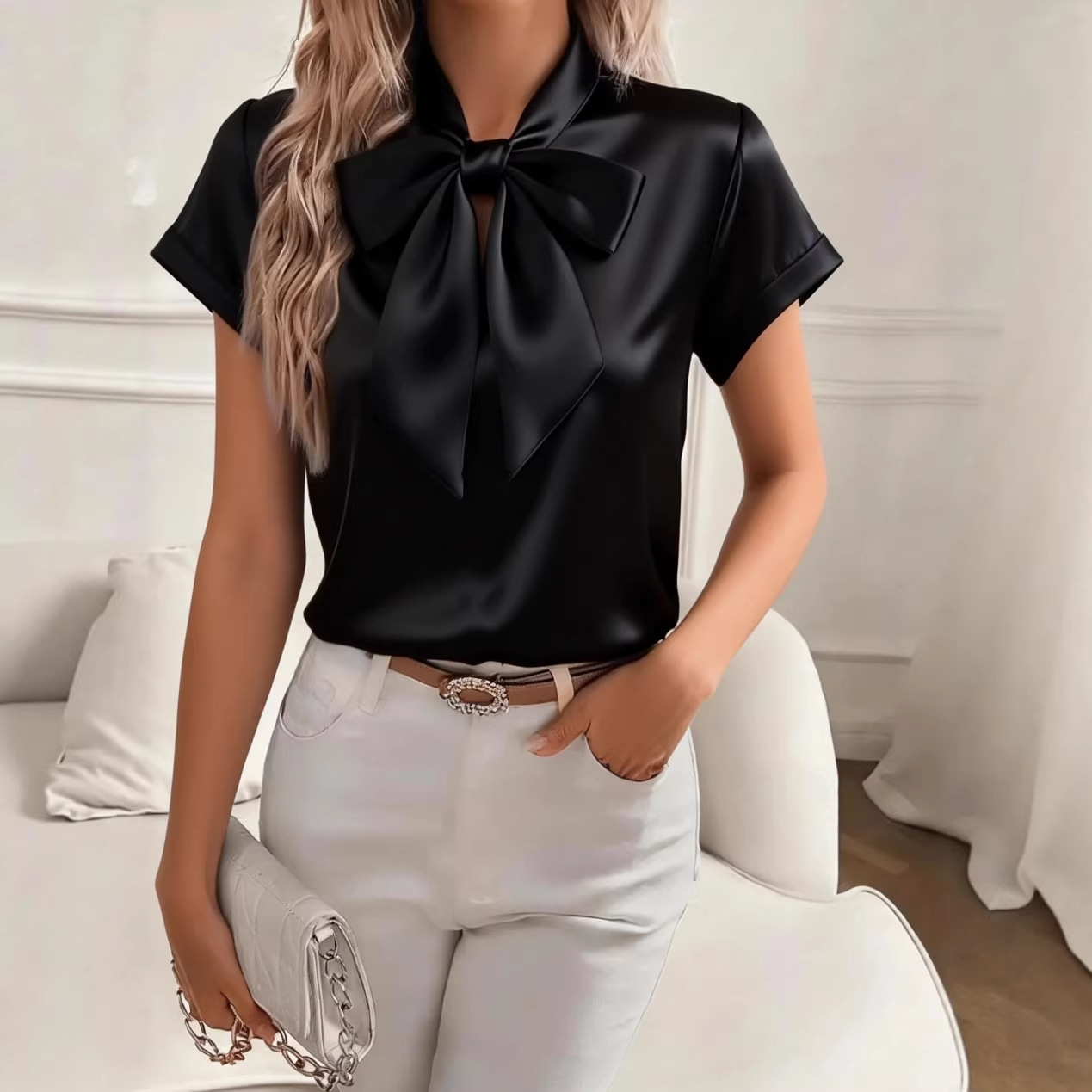 Women Satin Bow Tie Neck Blous - Satin Bow Tie 评论和价格
